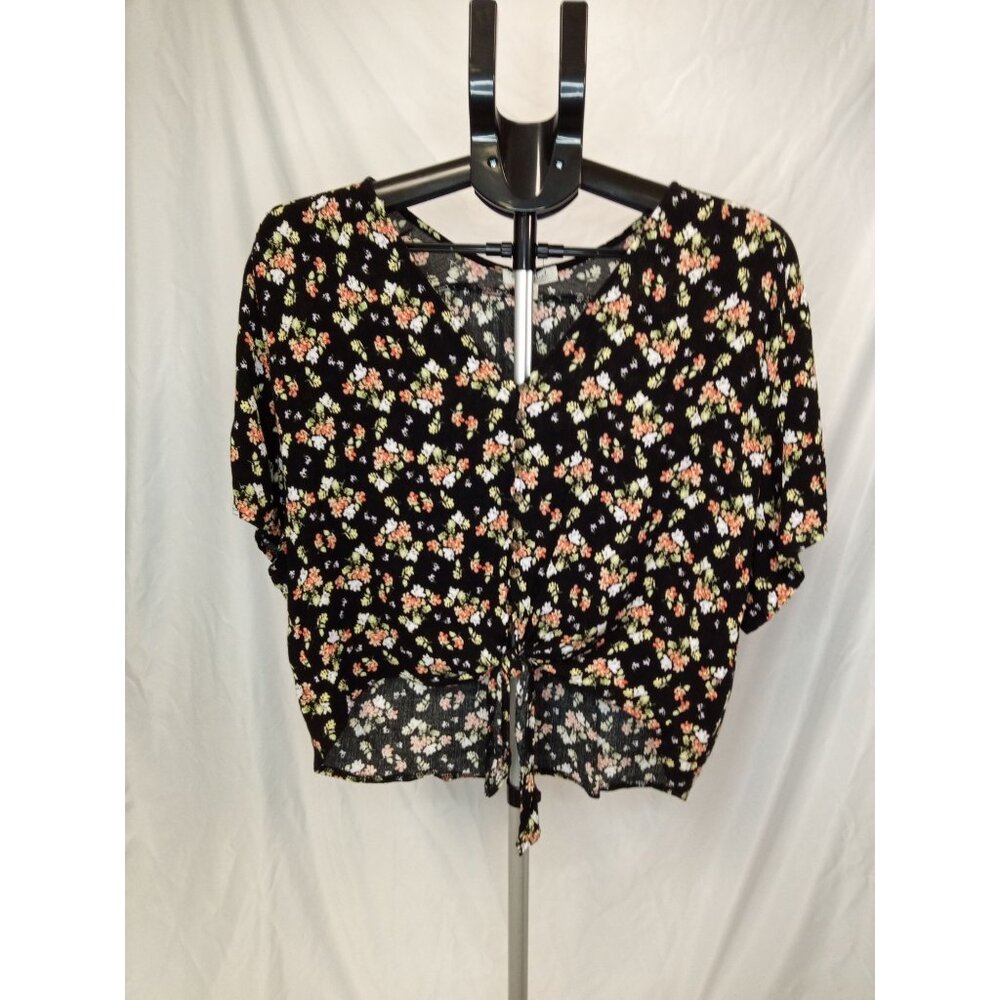Ultra Flirt Women's Black Green V-Neck Floral Tie Waist Blouse Size Medium